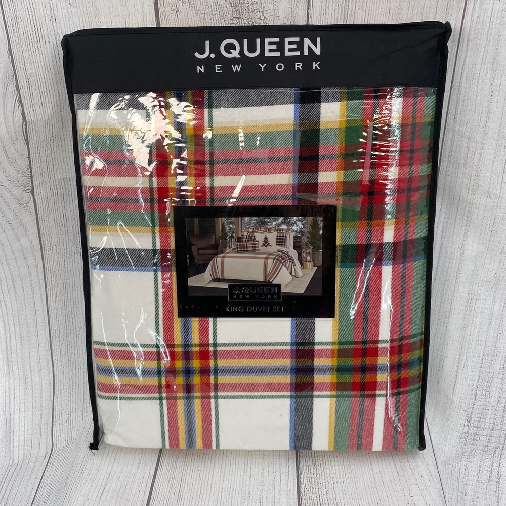 J. Queen New York Duvet Set KING Christopher Plaid Red Cream 100% Cotton Lodge